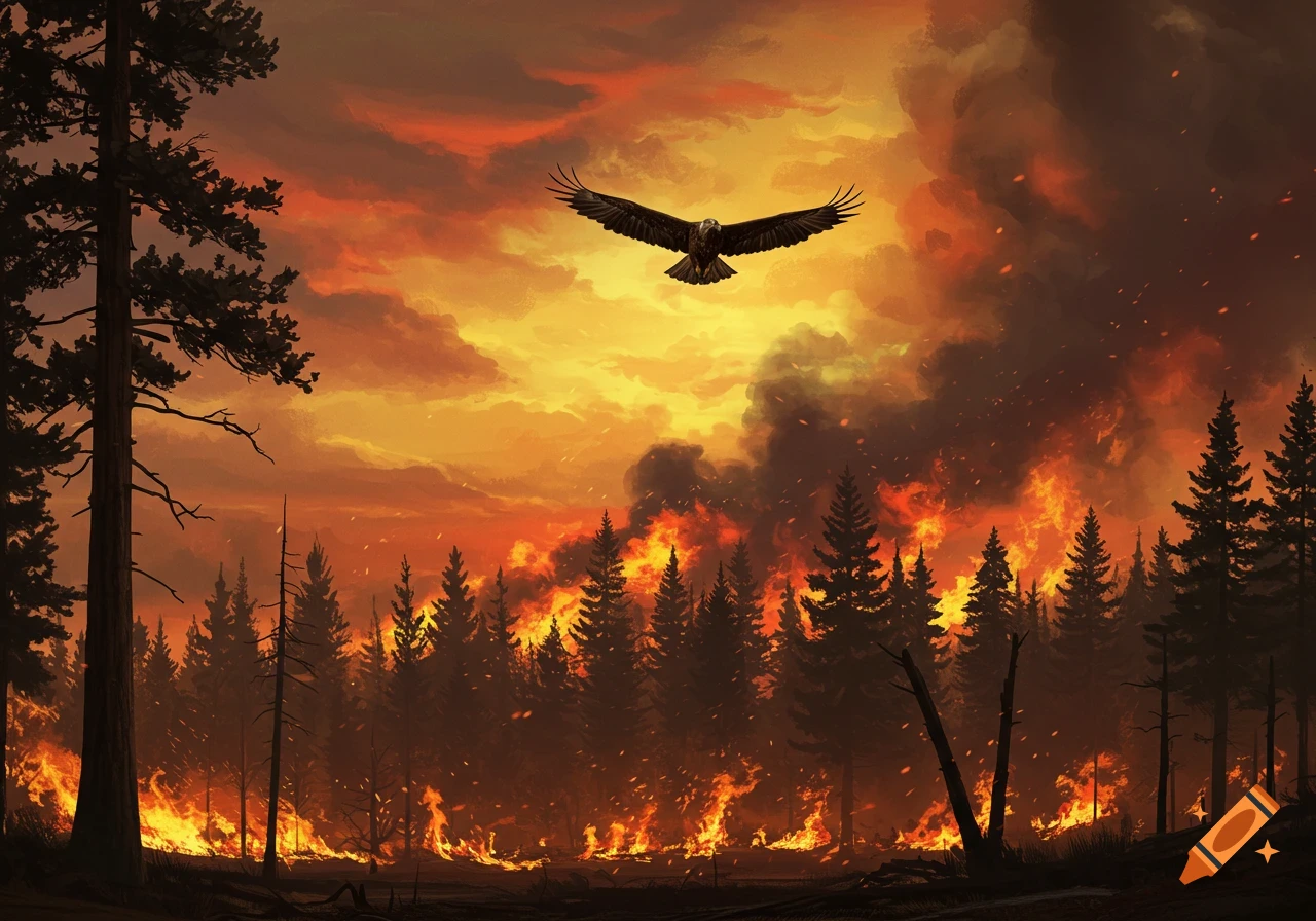 An eagle flies over a burning forest during a fiery sunset.