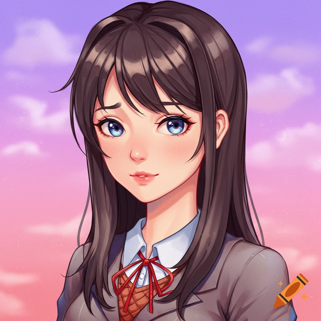 Anime portrait of a young woman with brown hair and blue eyes in a school uniform against a pink and purple sky.