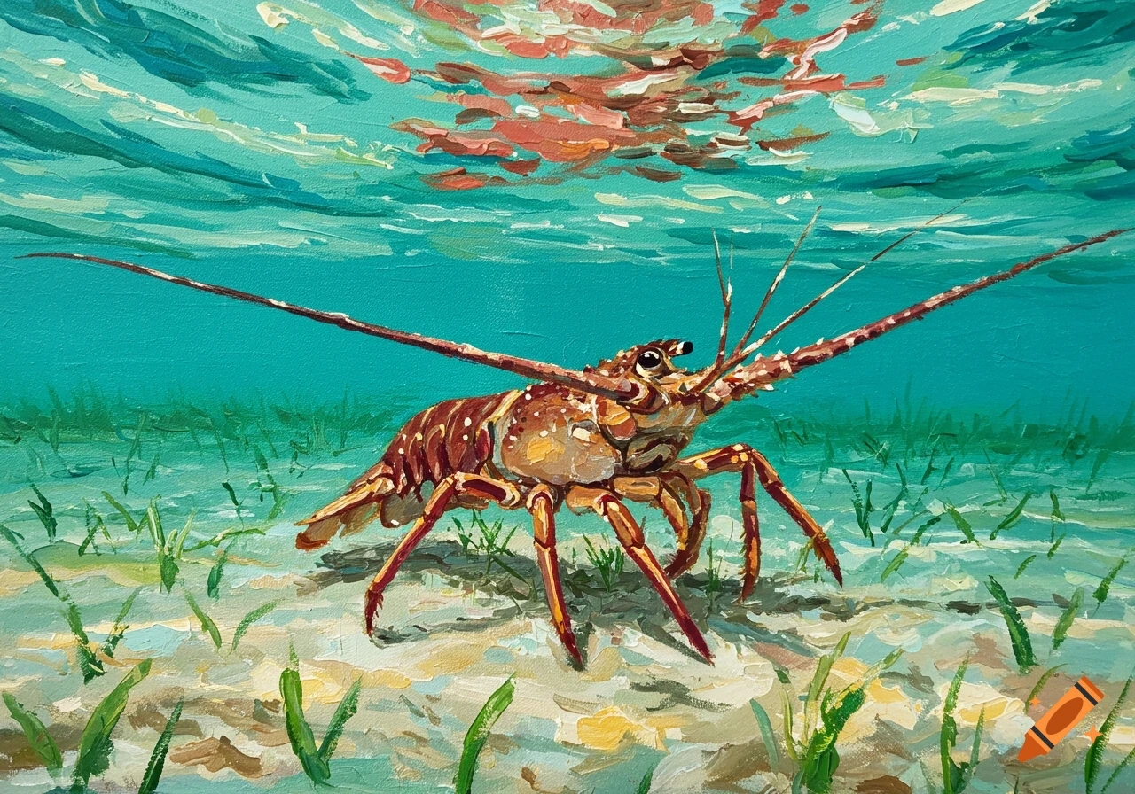 An abstract painting of a spiny lobster on the sandy seabed with seagrass.