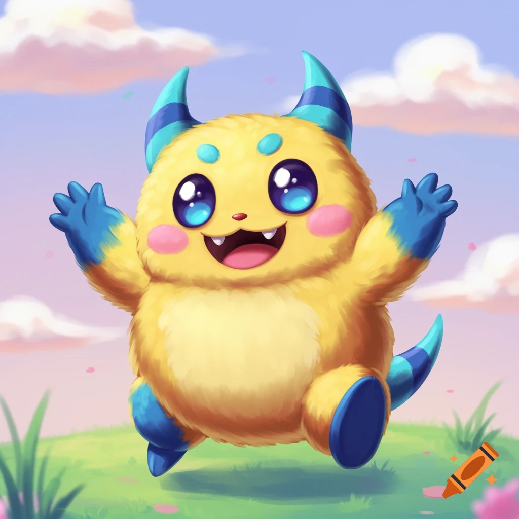 A cute yellow and blue furry monster with horns and large eyes jumps in a field under a cloudy sky, in a cartoon style.