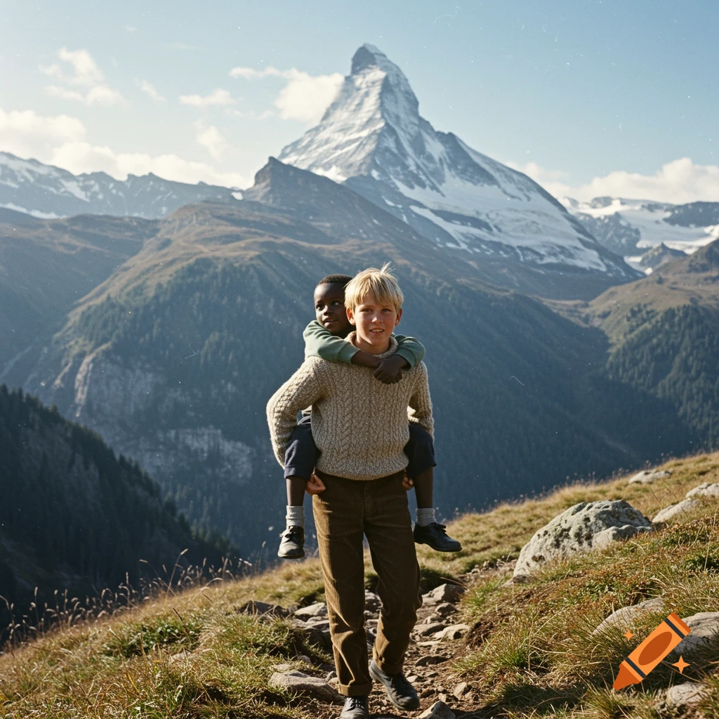Boy giving piggyback ride to another boy on a mountain trail with a large mountain in the background, vintage photo.