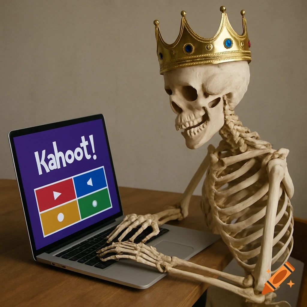 A skeleton wearing a crown plays Kahoot on a laptop.