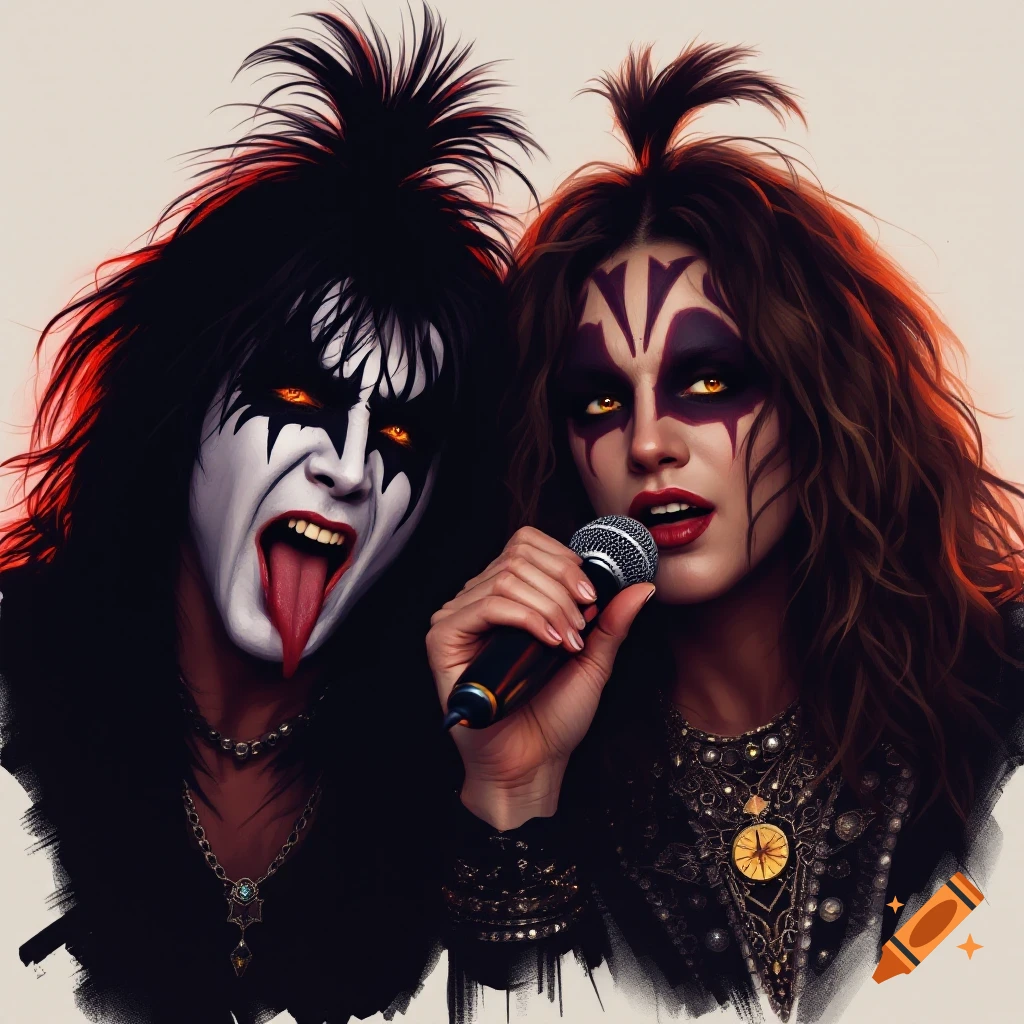 Two people in theatrical rock makeup, one singing into a microphone, the other sticking out their tongue. Digital art style.