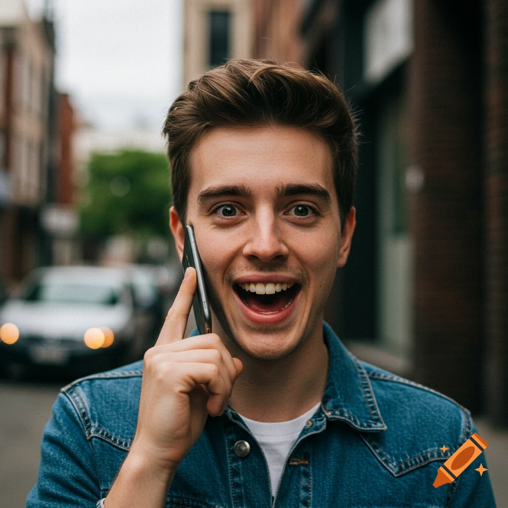 Man talking on a smartphone on a city street, looking surprised.