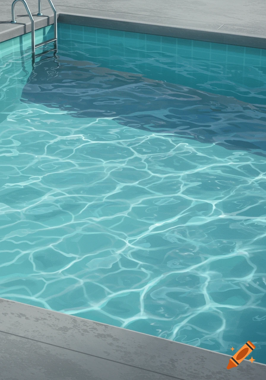 Swimming pool with a ladder and ripples on the water surface.