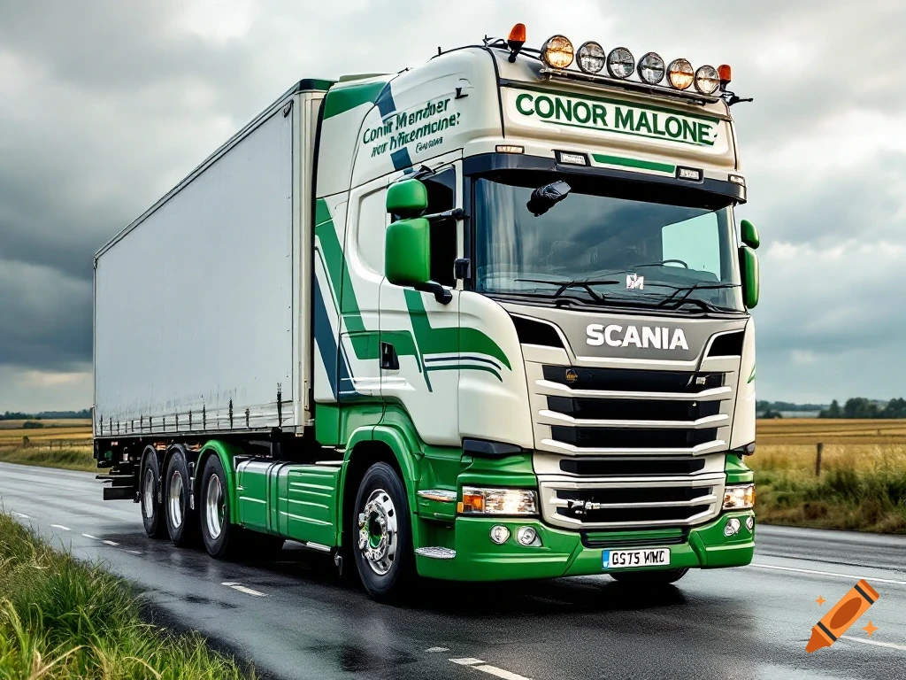 Green and white Scania truck on a wet road.