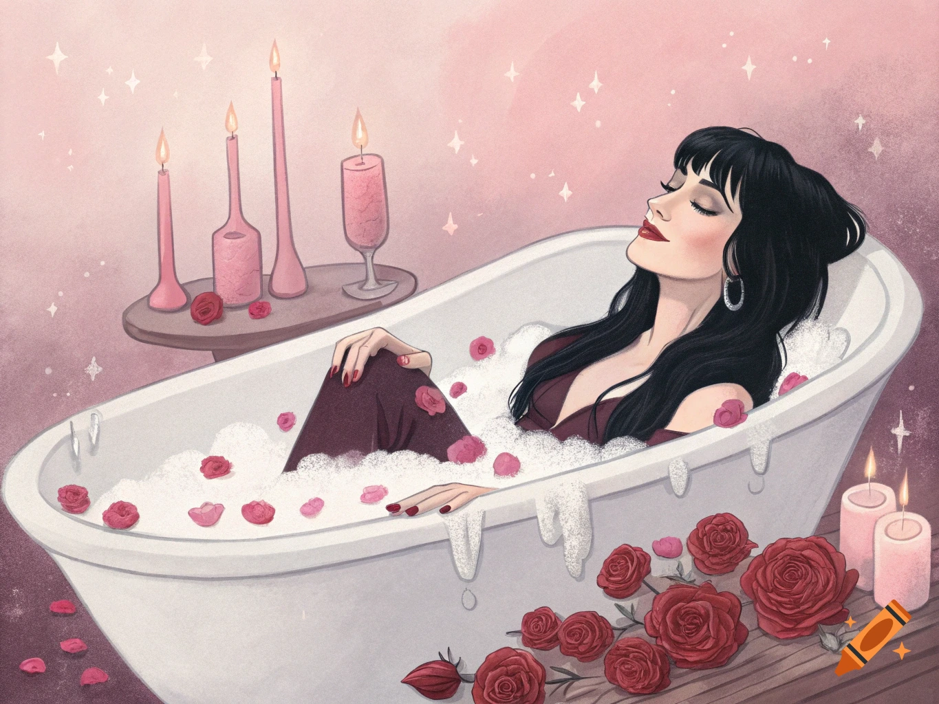 Illustration of a woman relaxing in a bath with roses and candles
