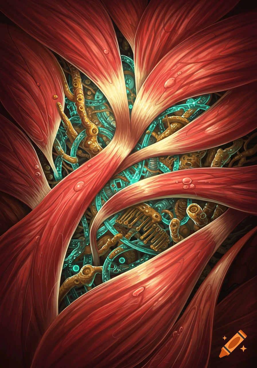 Organic muscle tissue blended with mechanical elements.