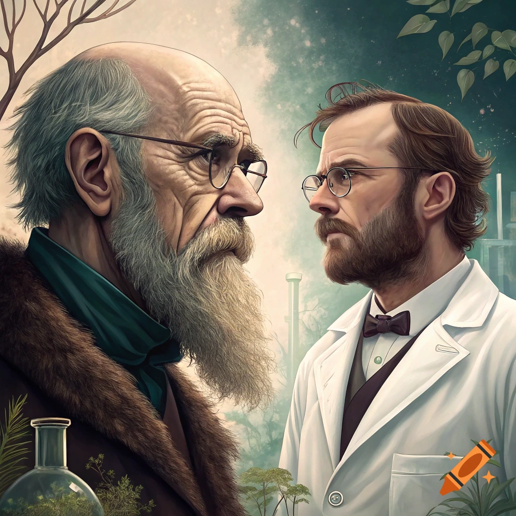 An older bearded man and a younger man in a lab coat face each other, resembling Charles Darwin and Walter White.