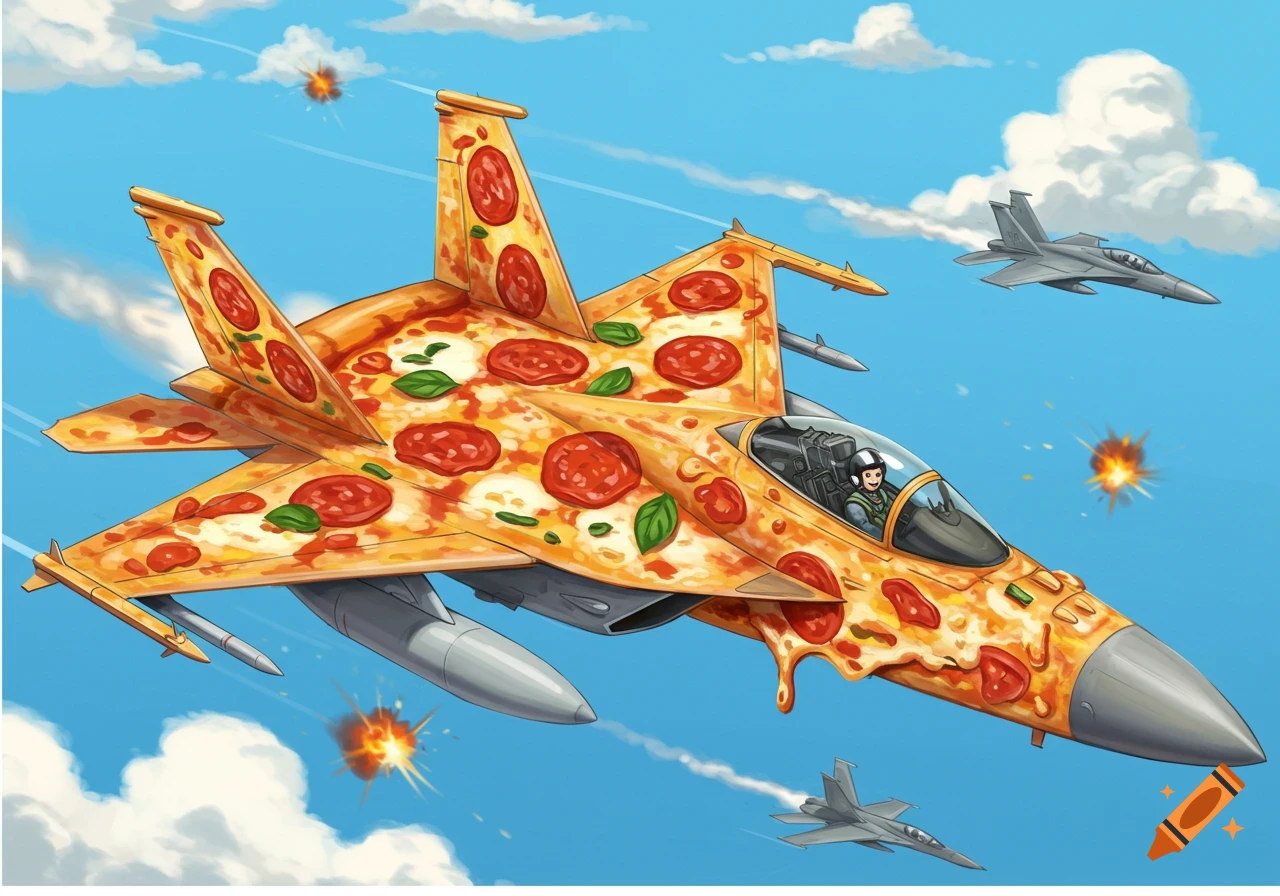 Illustration of a fighter jet made of pizza flying in the sky