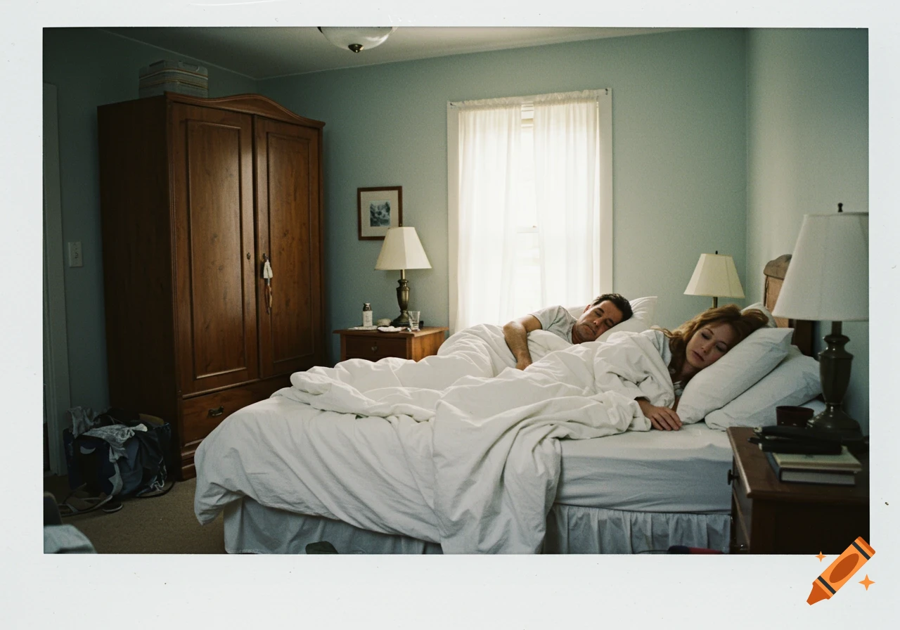 Polaroid photo of a man and woman sleeping in a bedroom.