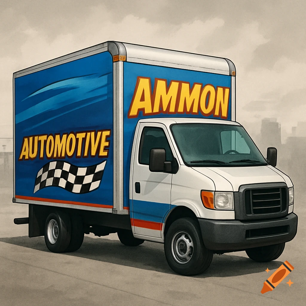 A white box truck with blue and red stripes parked on pavement. The side reads 'AMMON AUTOMOTIVE' in yellow text with a checkered flag.