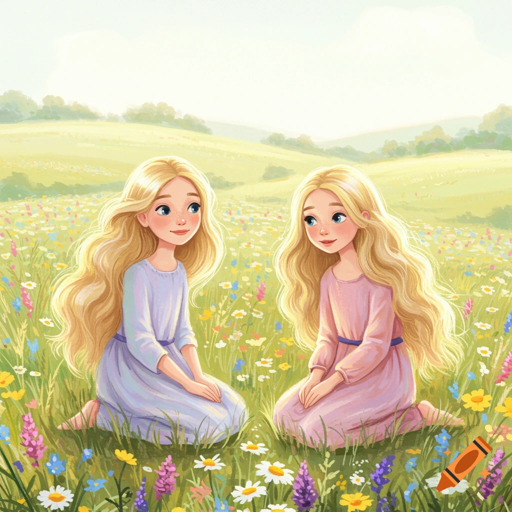 Two young girls with long blonde hair kneel in a wildflower meadow.