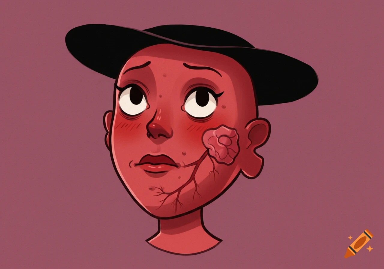 Cartoon illustration of a face with red skin, blush marks, visible veins, a stylized growth on the cheek, and a hat.