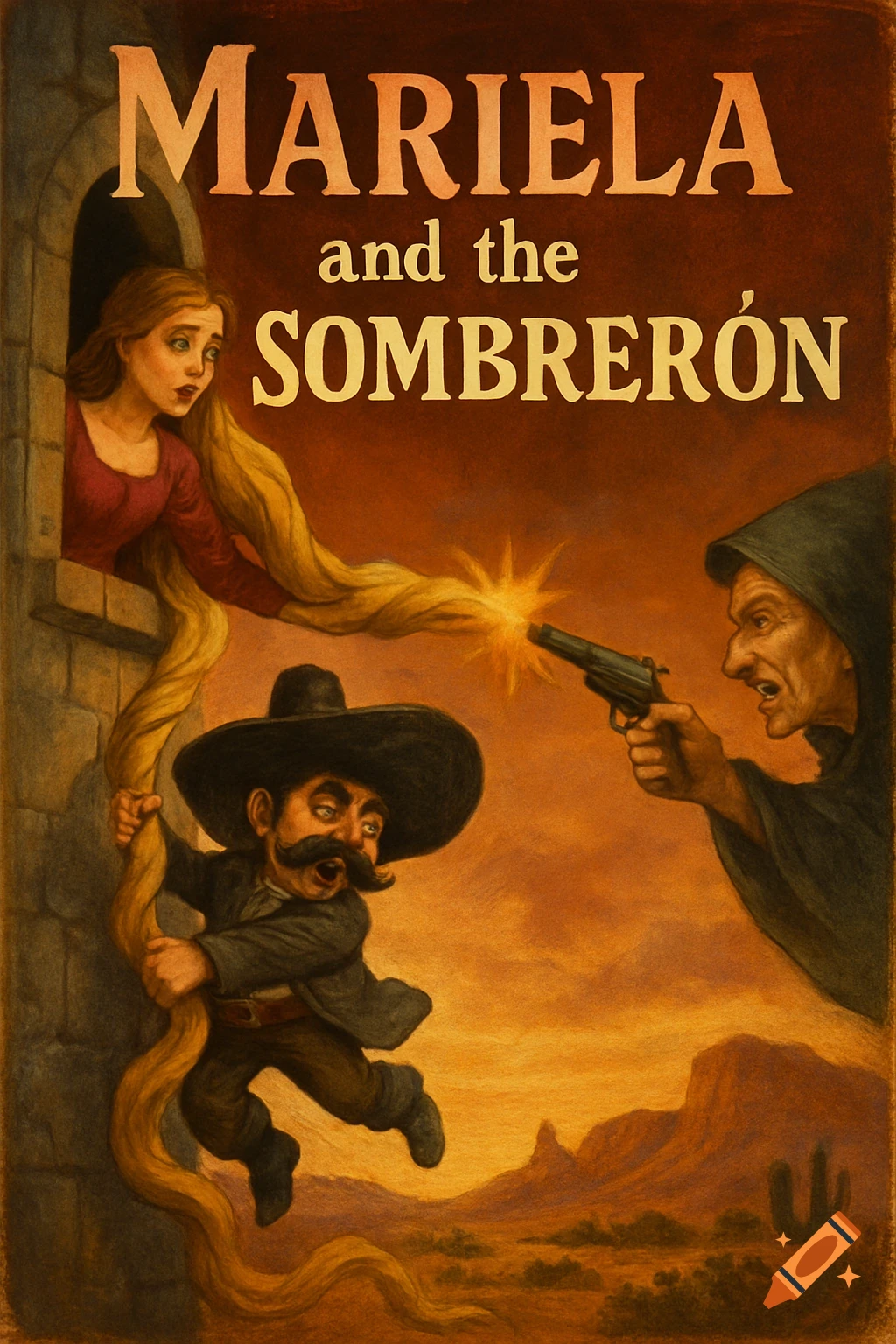 Book cover for 'Mariela and the Sombreron'. A man in a sombrero hangs from long hair while a witch points a gun, in a desert landscape.
