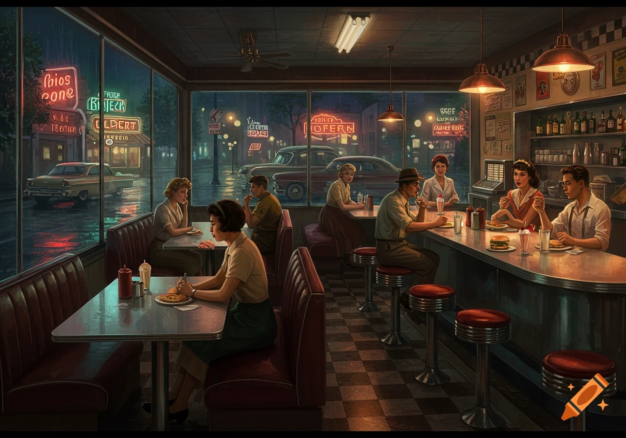 Digital painting of a busy 1950s diner at night with people eating, seen from inside, view through window of rainy street.