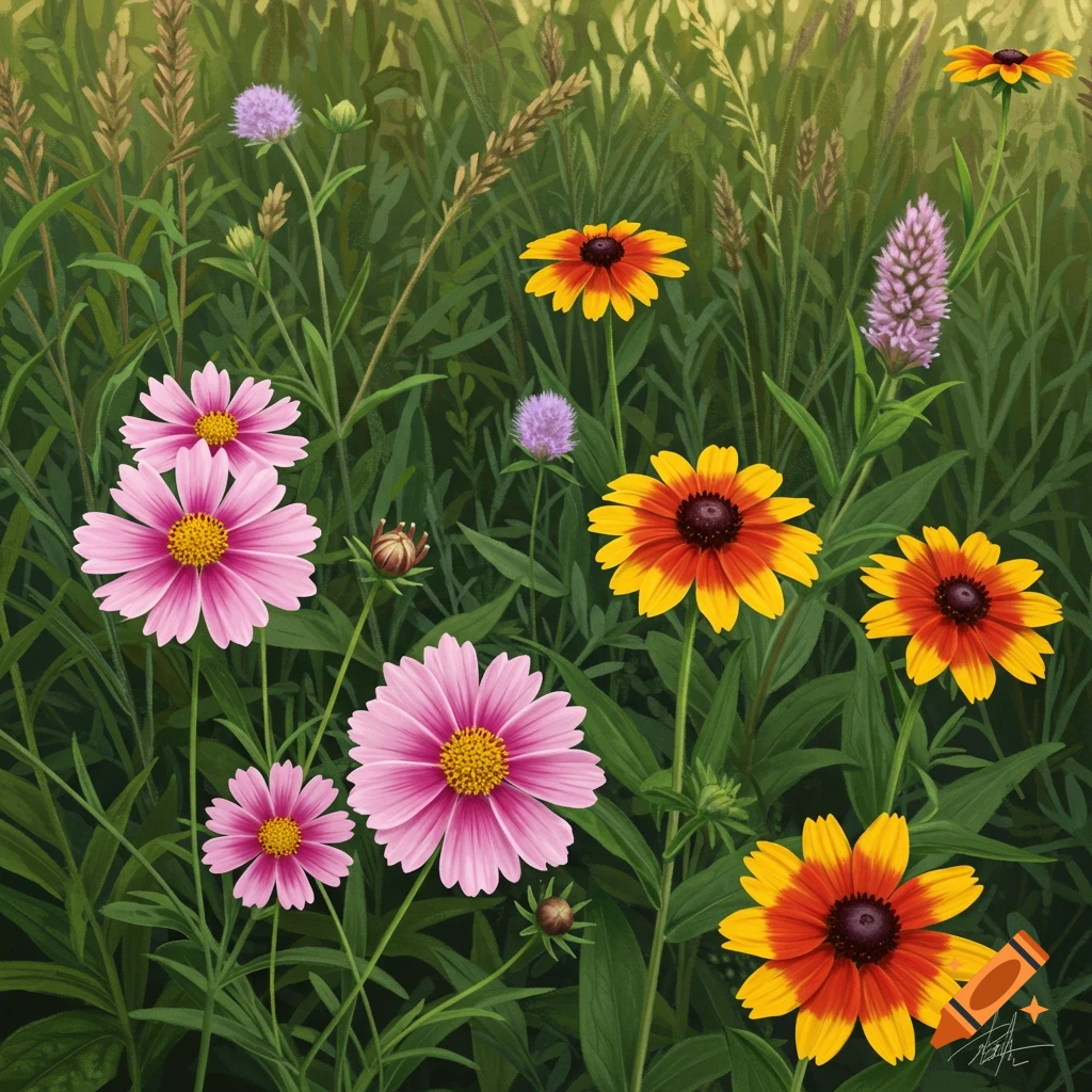 Pink and yellow flowers in a field.