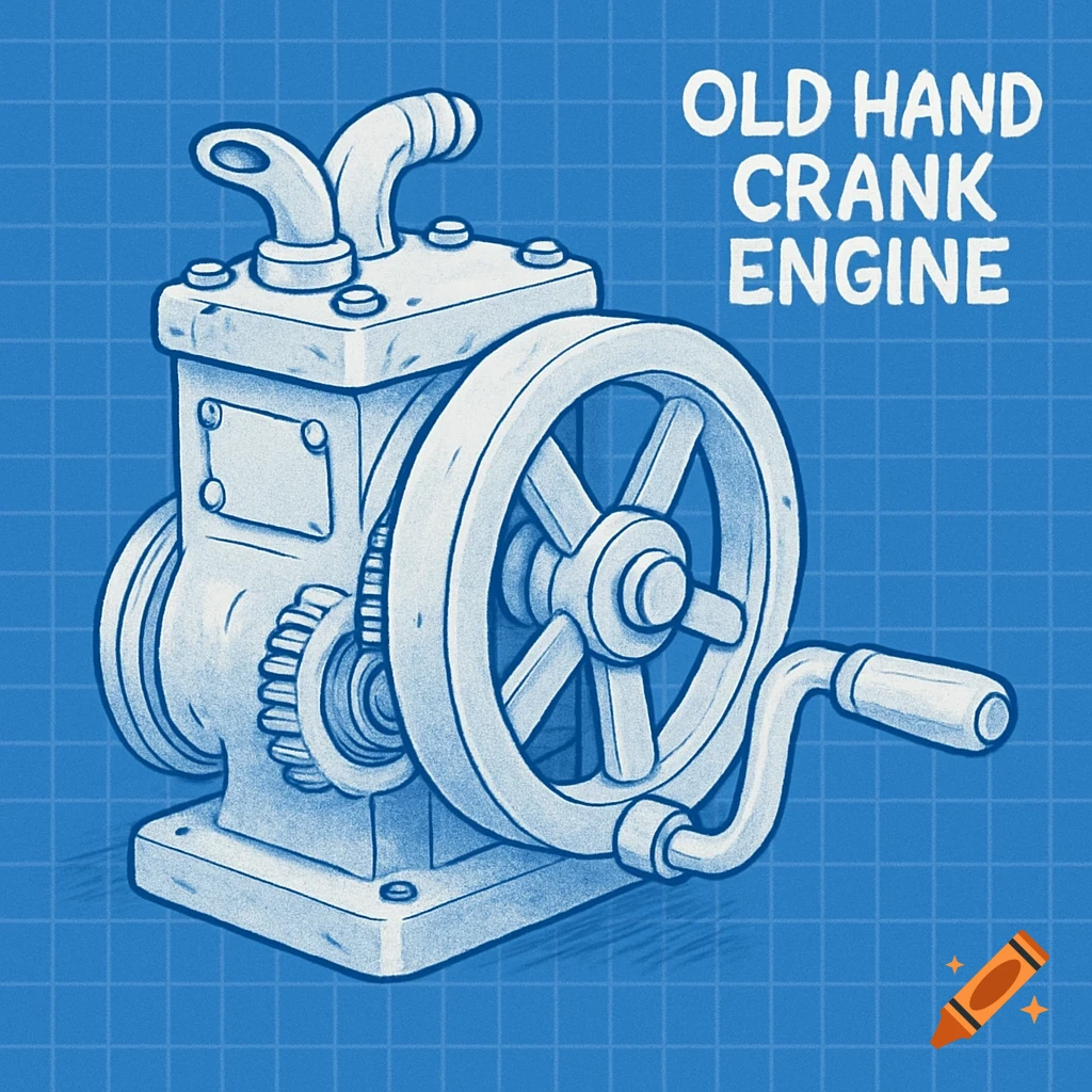 Cartoonish blueprint illustration of an old hand crank engine.