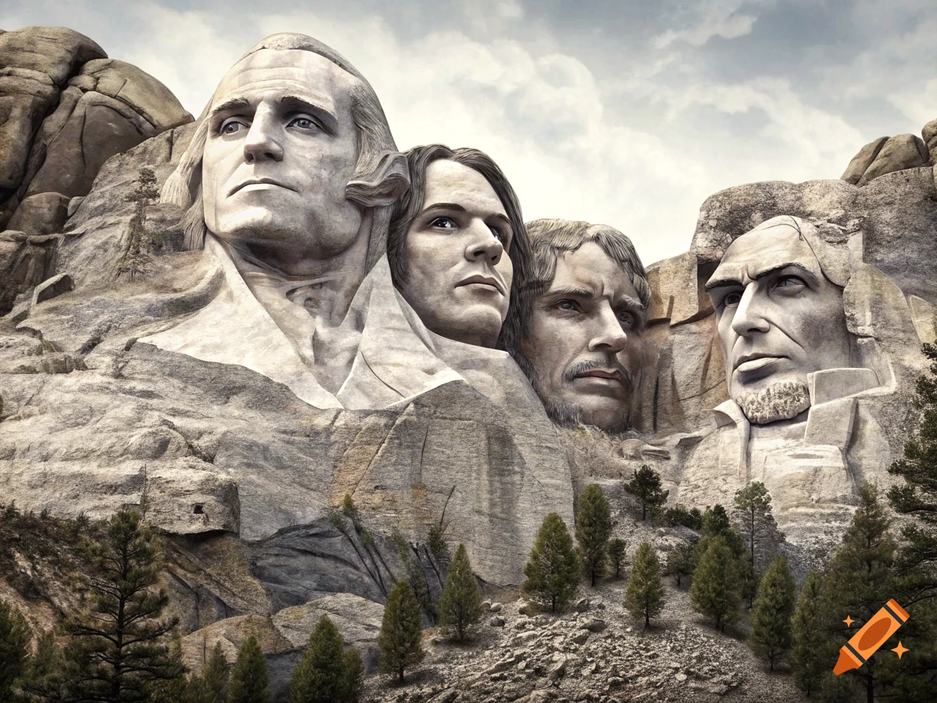 Mount Rushmore with the faces of Jeff Hardy, Kane, Matt Hardy, and Sting carved into the rock.