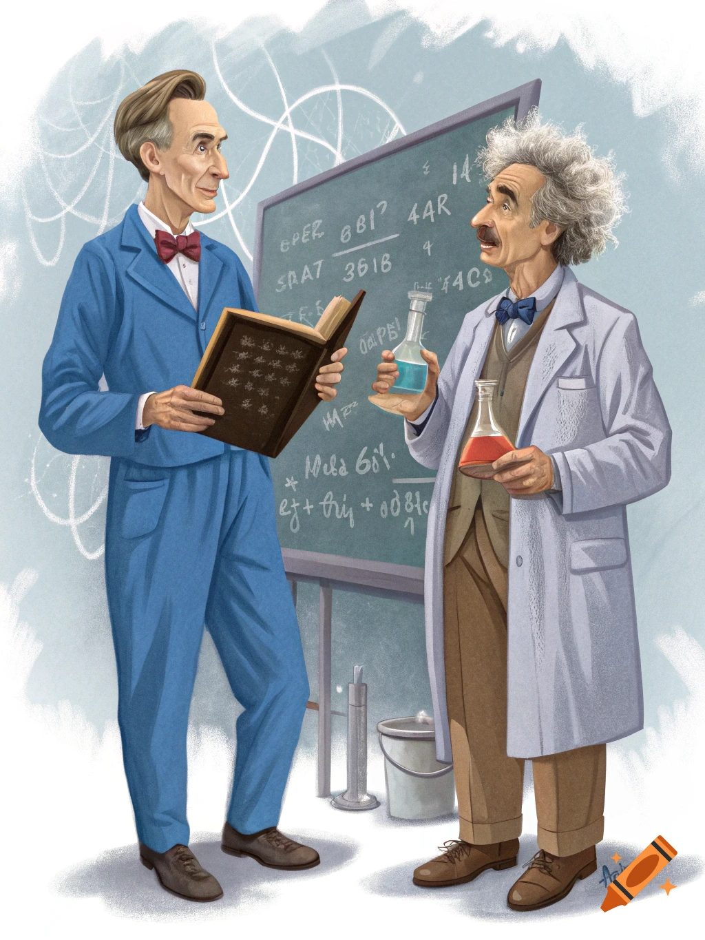 Illustration of two scientists resembling Bill Nye and Albert Einstein with a chalkboard and beakers.