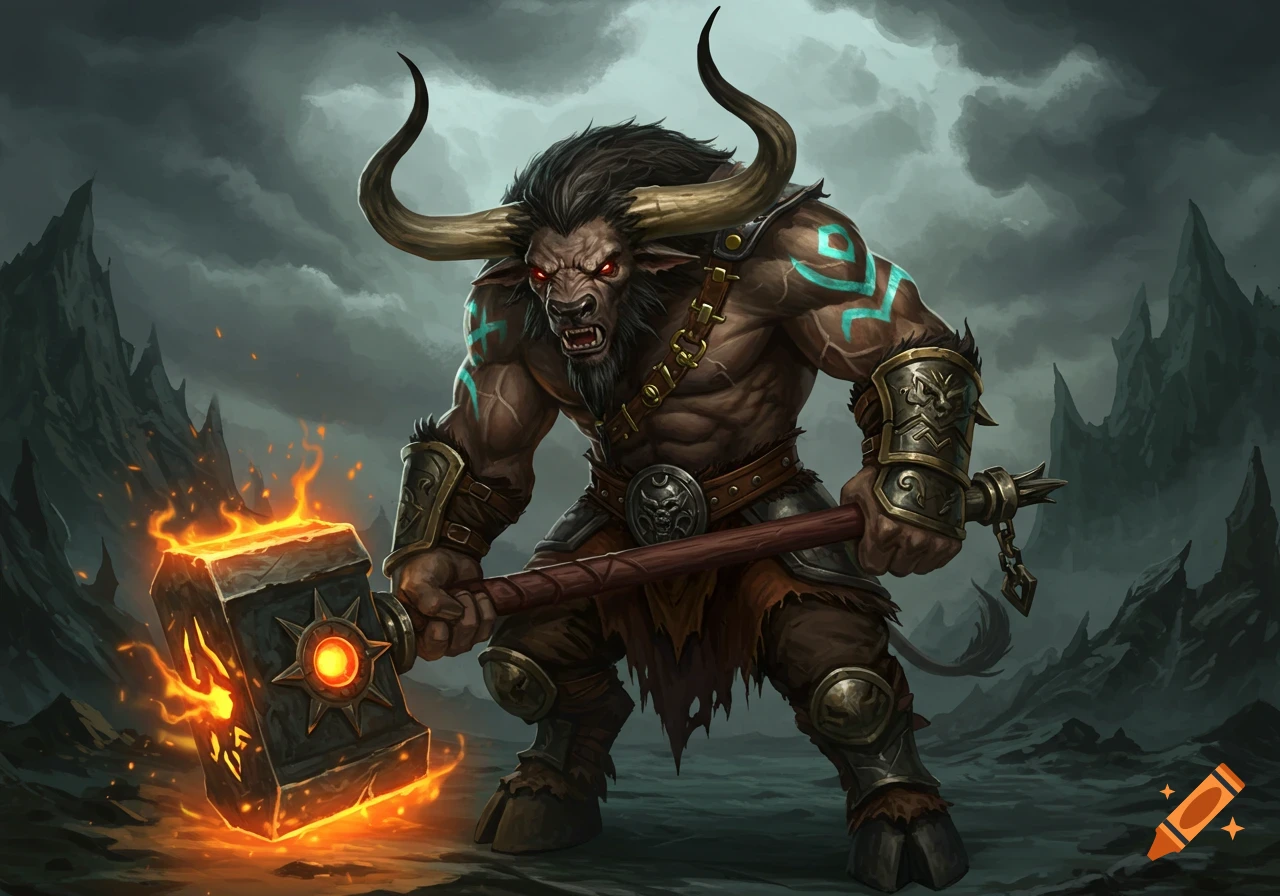 A powerful minotaur barbarian holds a glowing hammer in a rocky landscape.