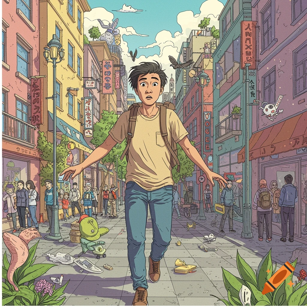 Illustrated scene of a person walking down a busy street with shops and other people.