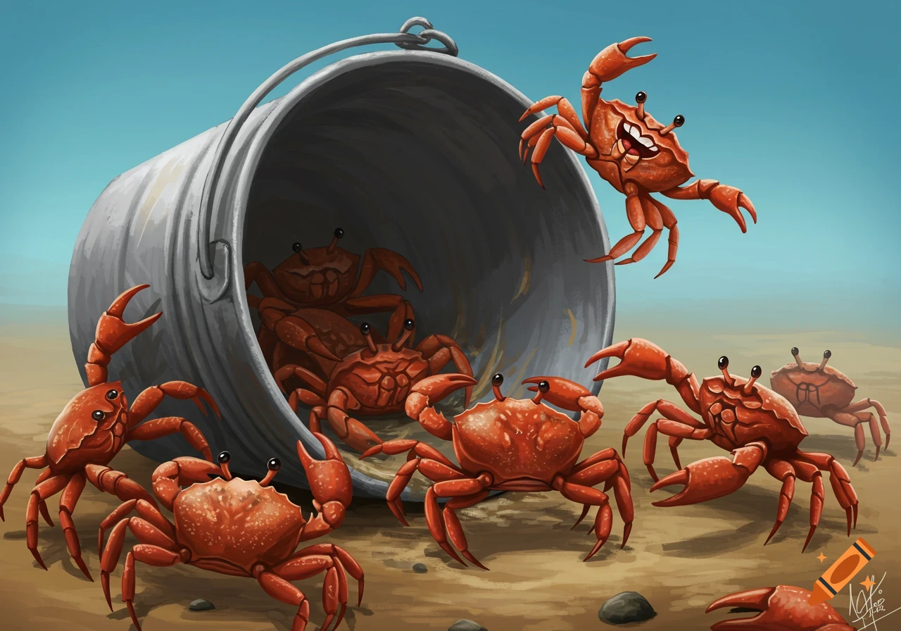 Cartoon crabs escaping a bucket on a beach, one jumping out smiling.