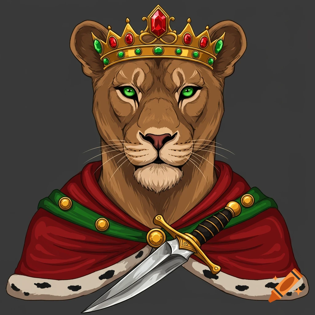 Vector art of a lioness in royal crown and cape holding a dagger