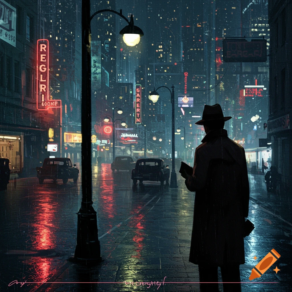 A figure in a trench coat stands on a rainy city street at night, lit by neon signs in a noir style.