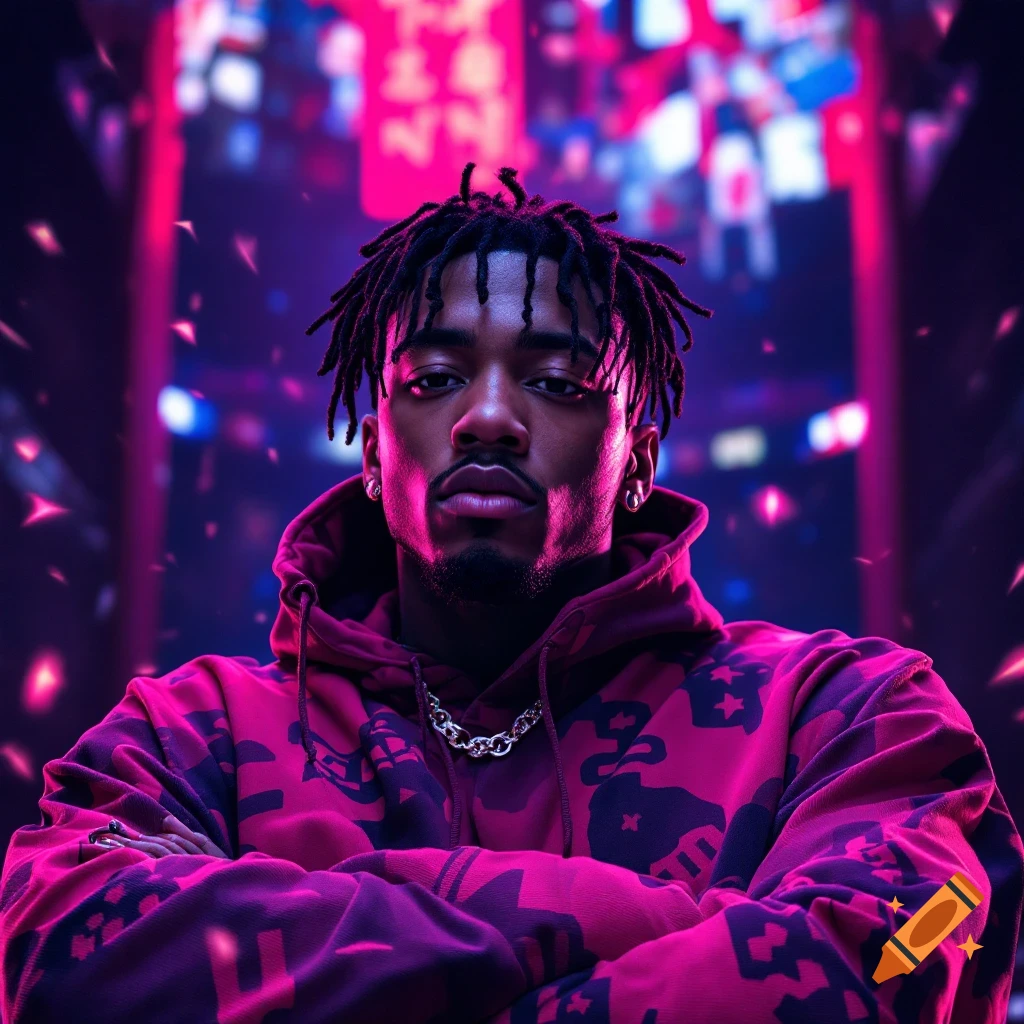 A man with dreadlocks and a pink camouflage hoodie stands with arms crossed in an urban setting with neon lights.