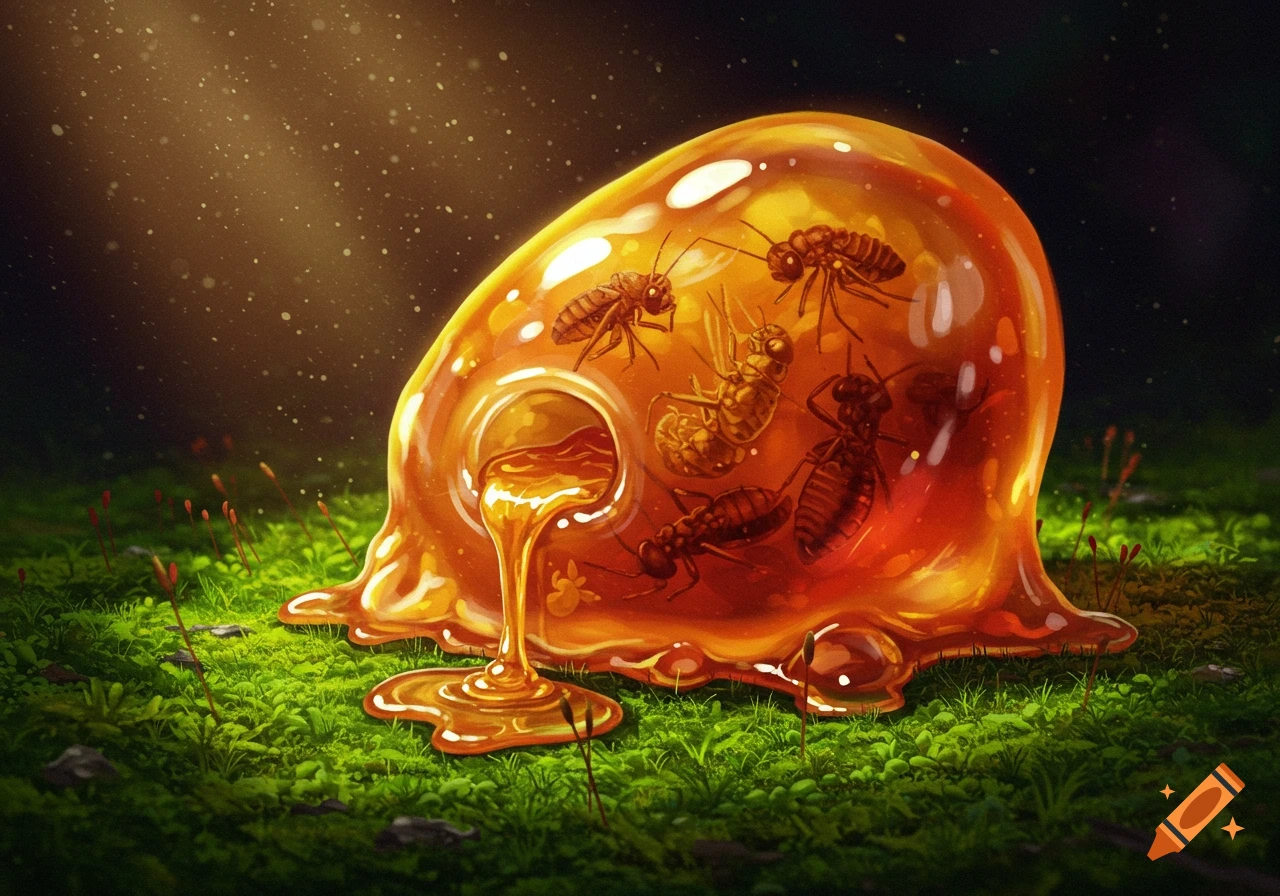 A translucent amber blob with trapped insects drips onto moss in eerie, dreamlike lighting.