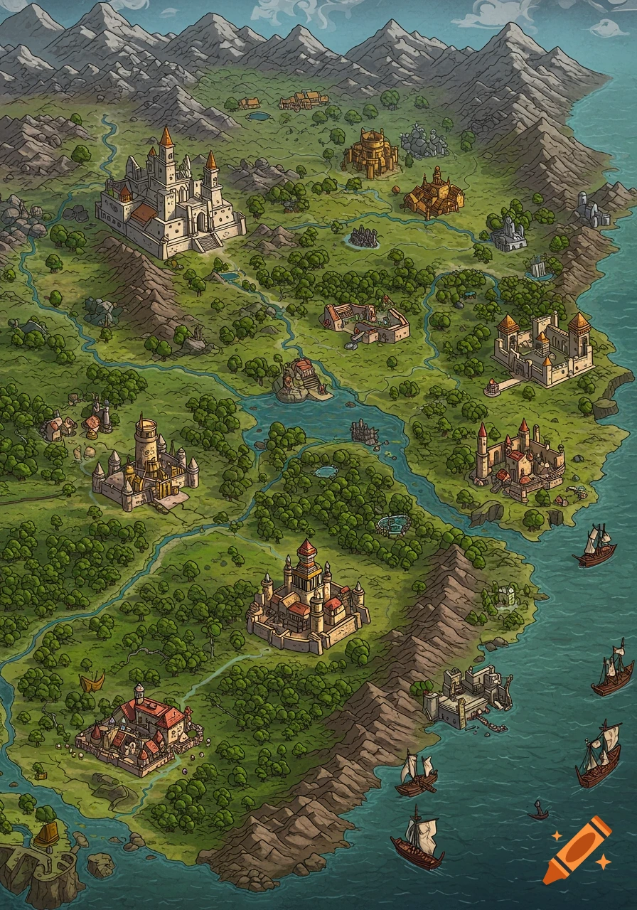 A fantasy map with castles, rivers, mountains, and ships