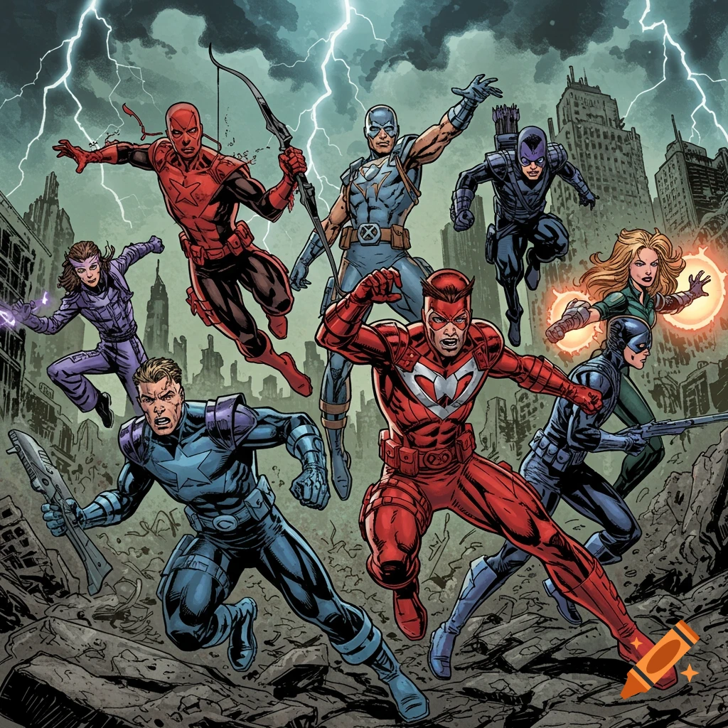 A dynamic comic book illustration of a group of superheroes posing in a destroyed city under lightning.