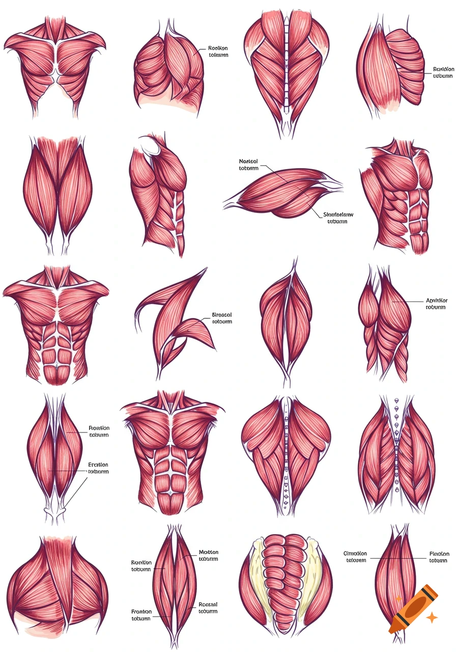Illustrations of human muscles in various views