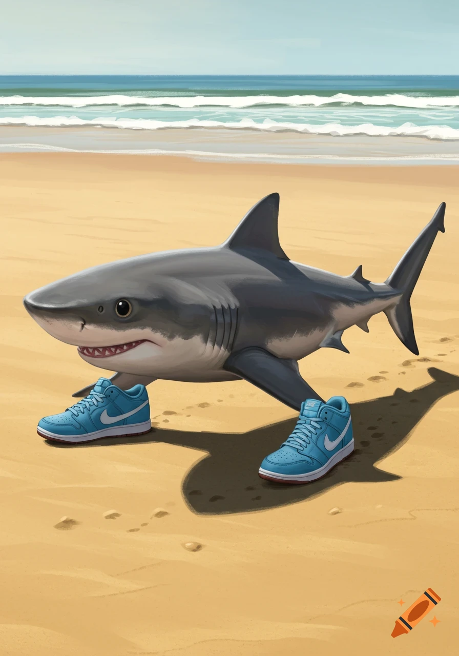 A shark wearing blue sneakers is walking on a beach.