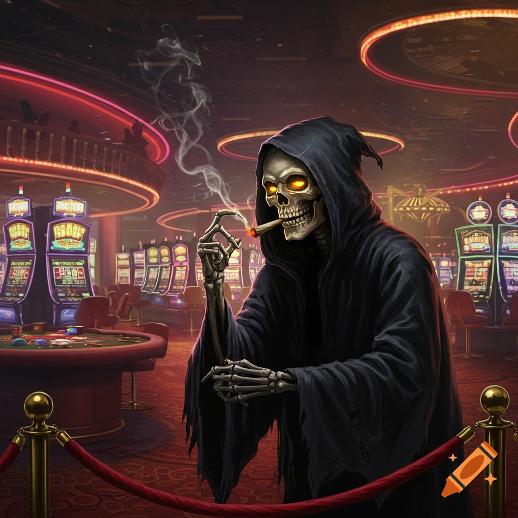 A grim reaper smoking a blunt in a casino.