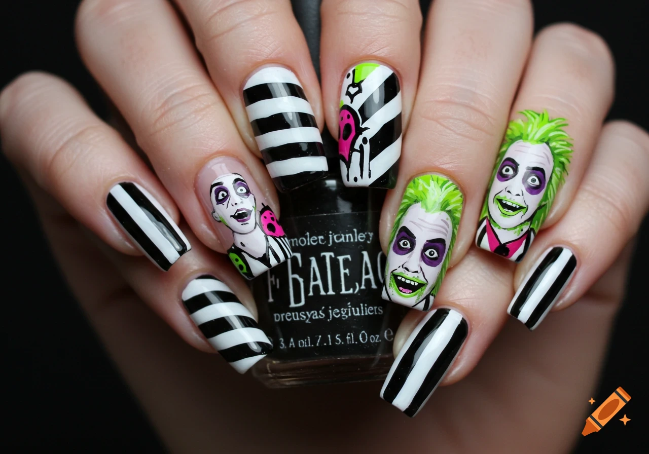 Close-up of hand with Beetlejuice themed nail art, featuring black and white stripes and cartoon faces of characters.