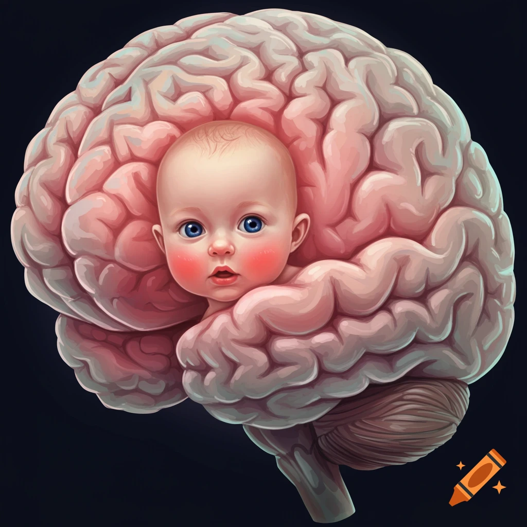 A baby's head is shown emerging from a human brain.