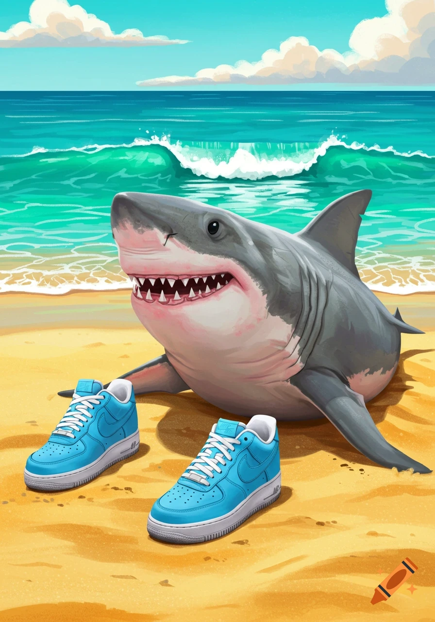 A shark wearing blue shoes is on a beach.