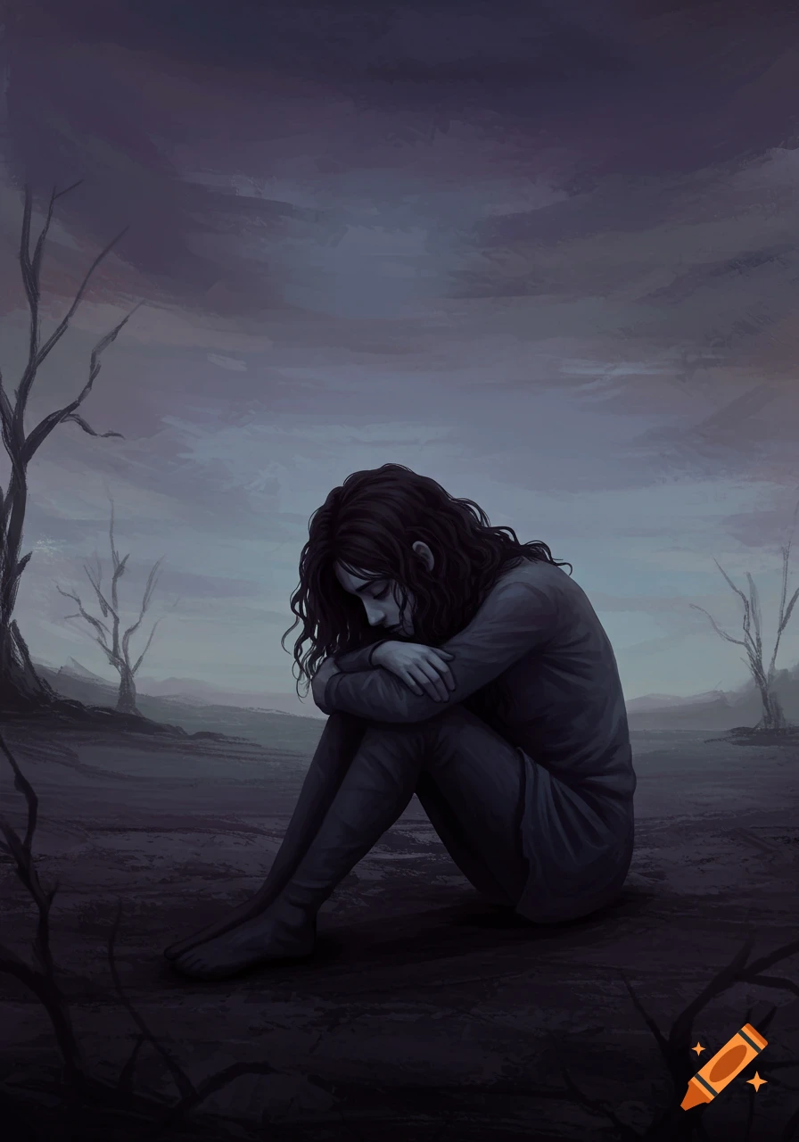 A slumped figure sits alone in a desolate, dark landscape.
