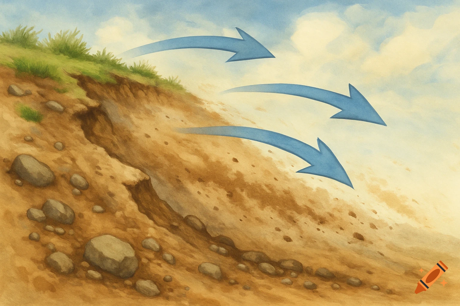 Illustration of a hillside showing soil erosion with rocks, grass, and blue arrows indicating movement.