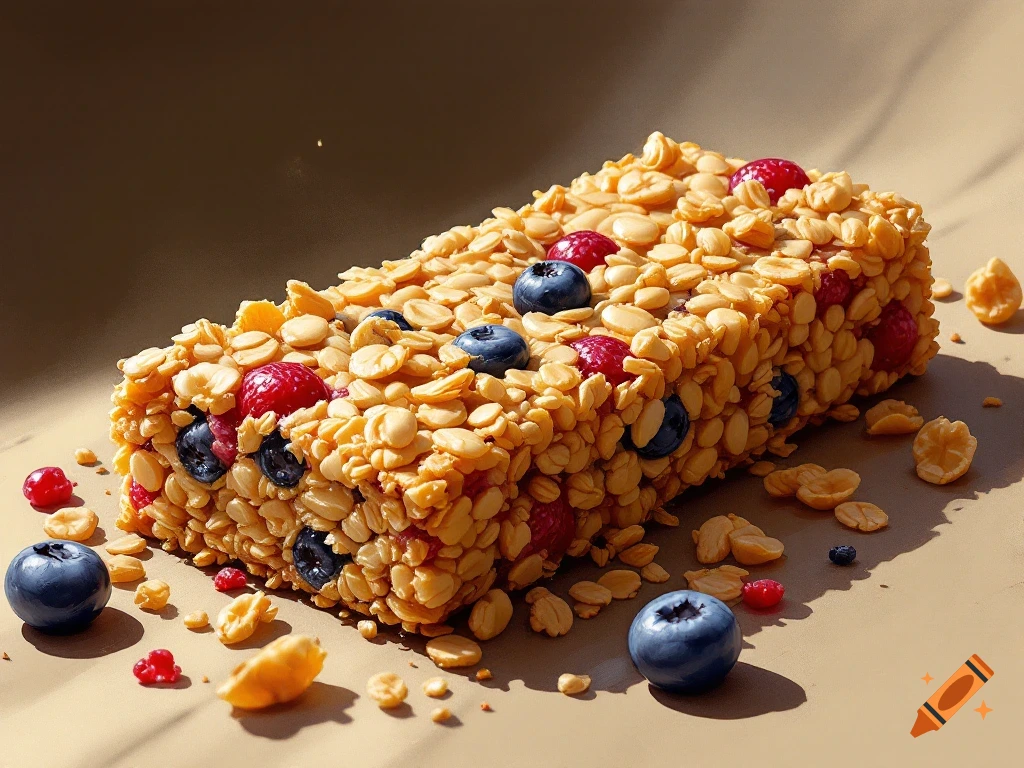 A close-up of a granola bar with blueberries and berries.