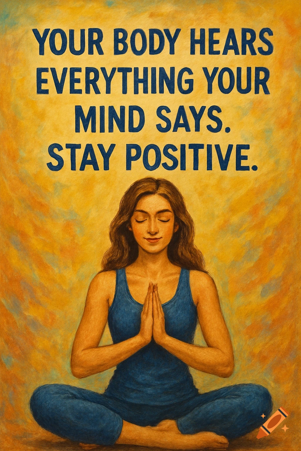 A woman meditating in lotus pose with inspirational text above her.