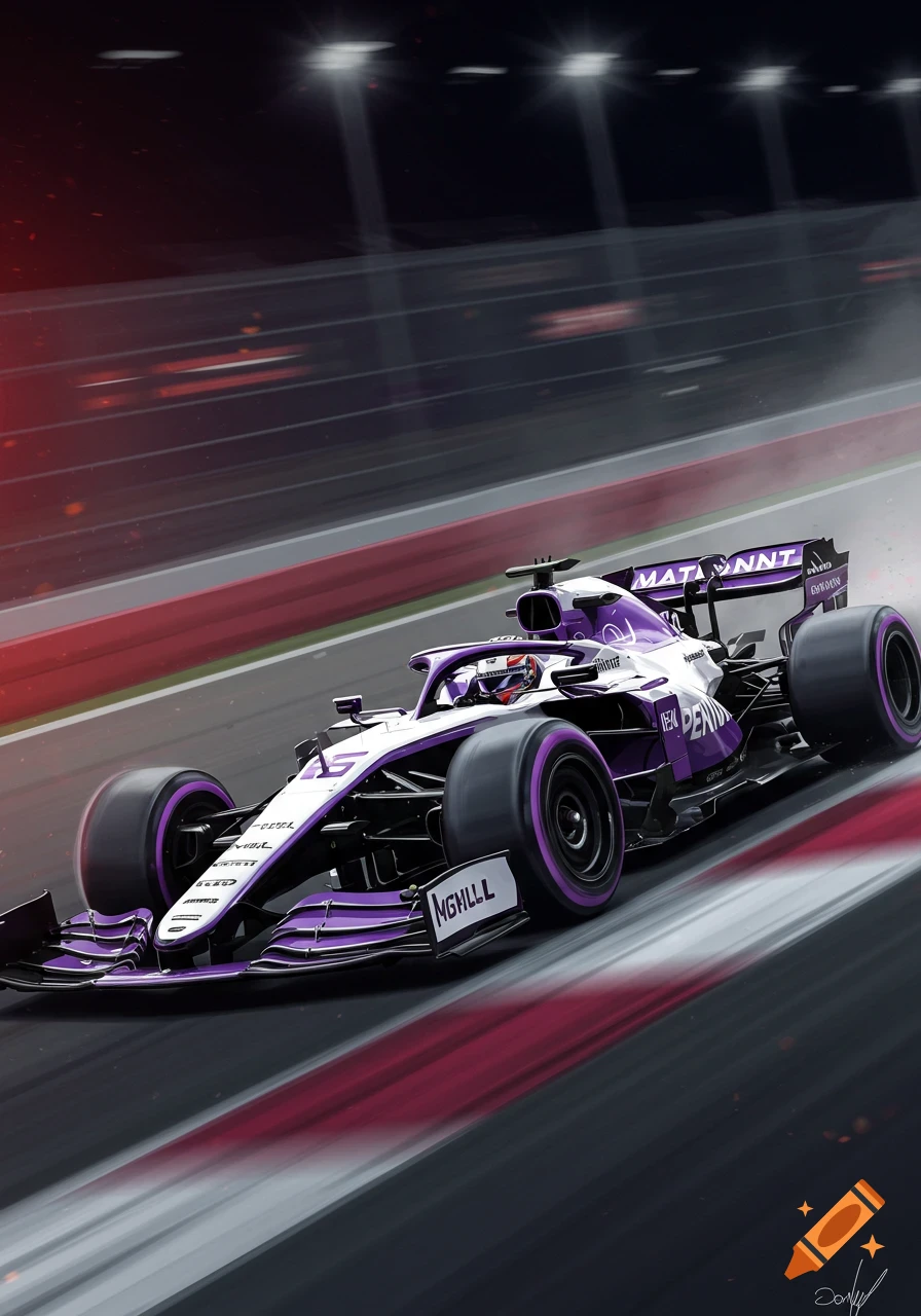 A purple, black, and white Formula 1 car racing on a track.