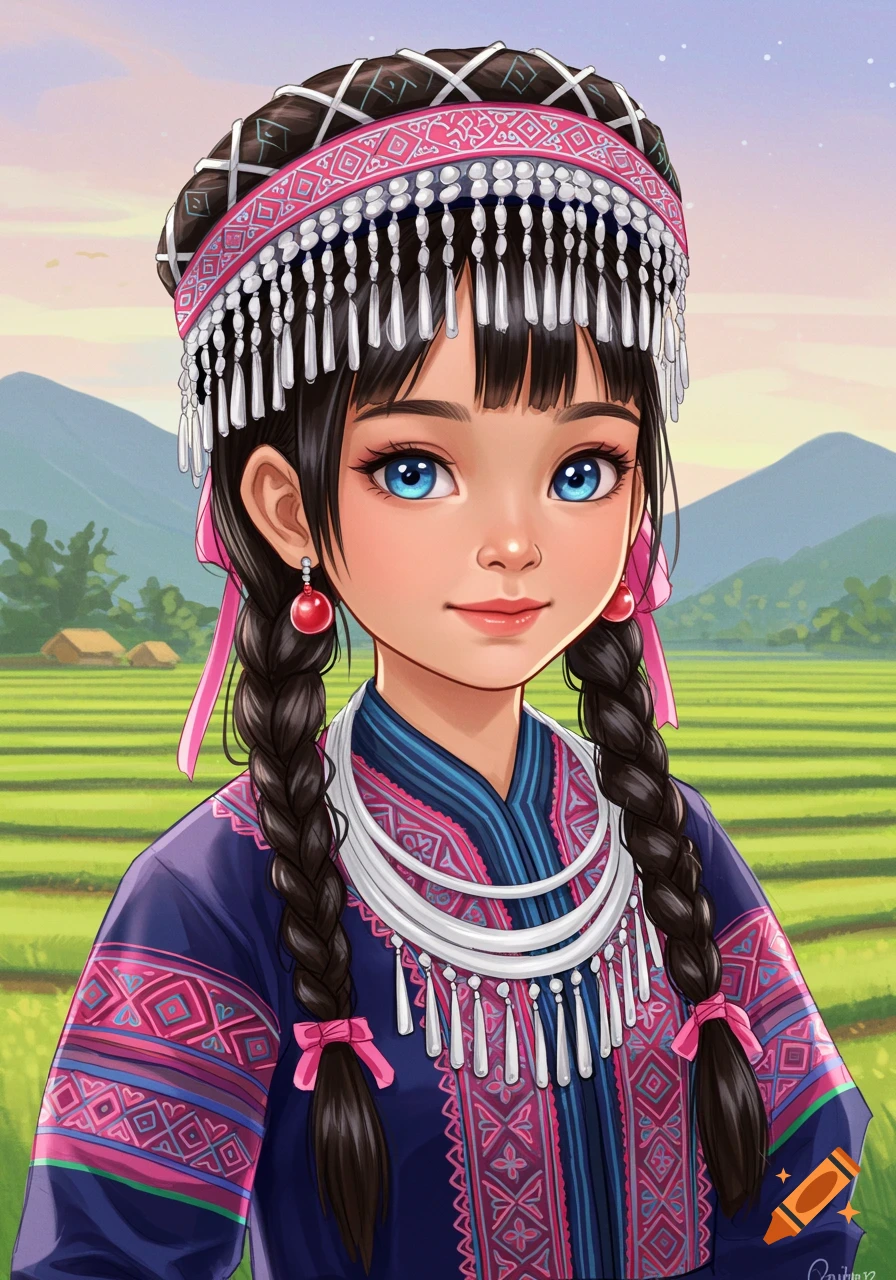 A young girl is shown in traditional Hmong clothing with braided hair and an elaborate headdress. She stands against a background of rice paddies.