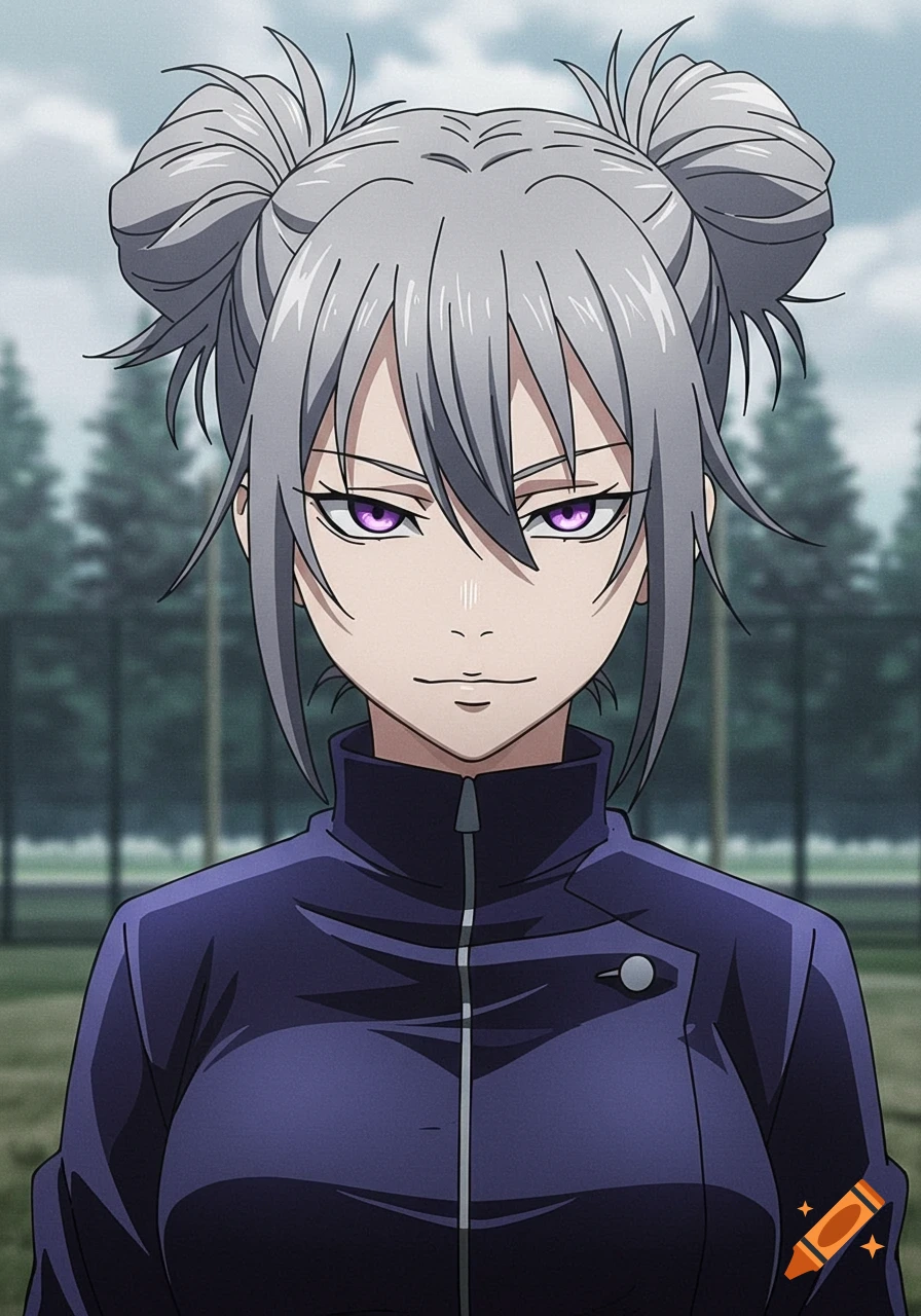Anime girl with grey hair buns and purple eyes in a purple uniform