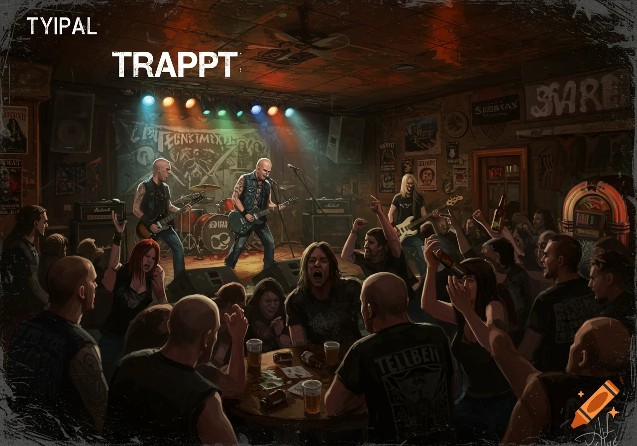A band playing a concert on stage in a crowded dive bar.