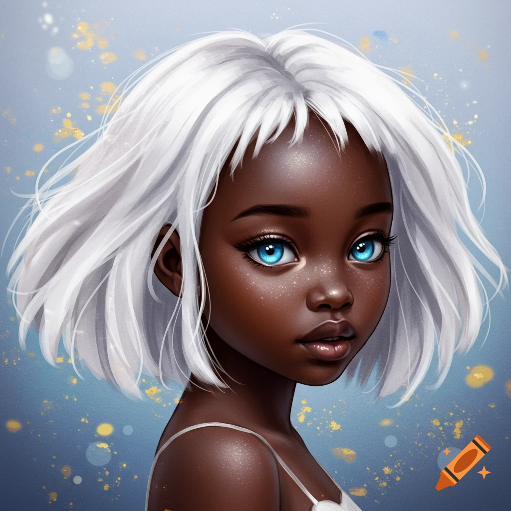 A digital art portrait of a young black girl with white hair and blue eyes, against a blue background with gold speckles.