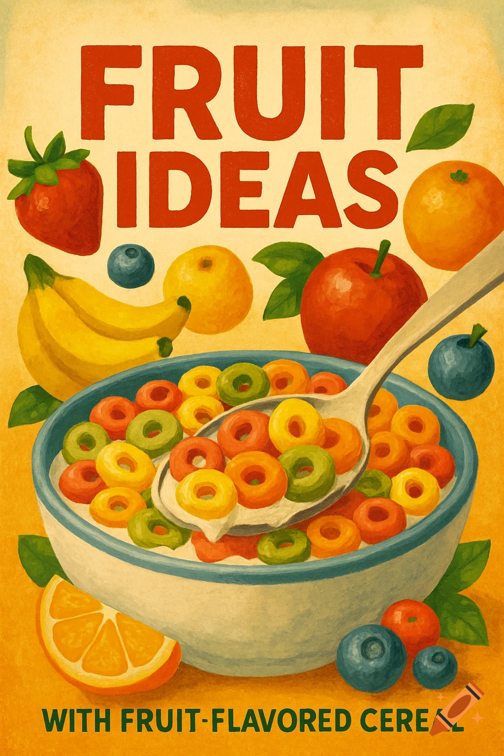 Vintage illustration of cereal with fruit and text.