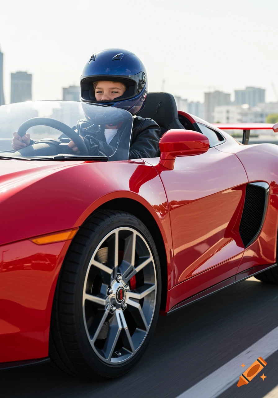 A young boy wearing a helmet drives a red sports car.